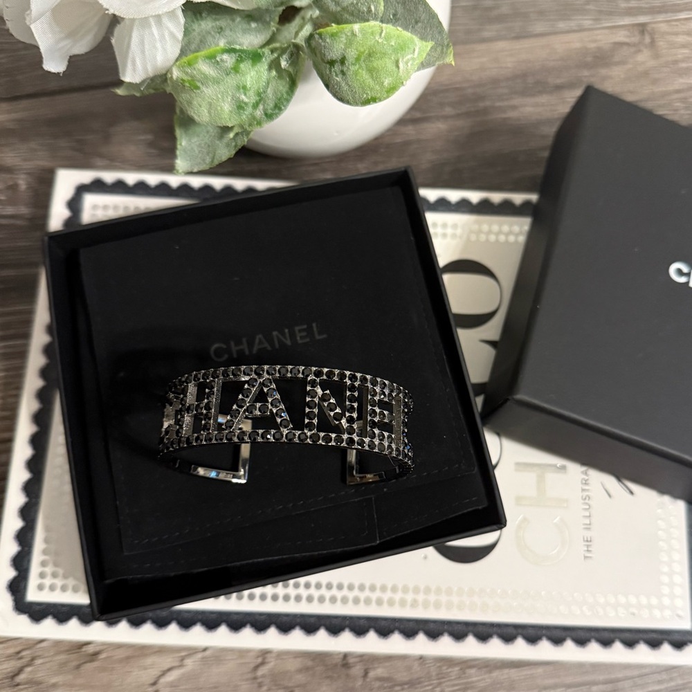 Chanel Black Crystal "CHANEL" Cuff Bracelet